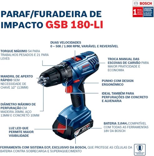 Parafusadeira Furadeira Gsb 180-Li 18V com 2Baterias+1Carregador+1Maleta