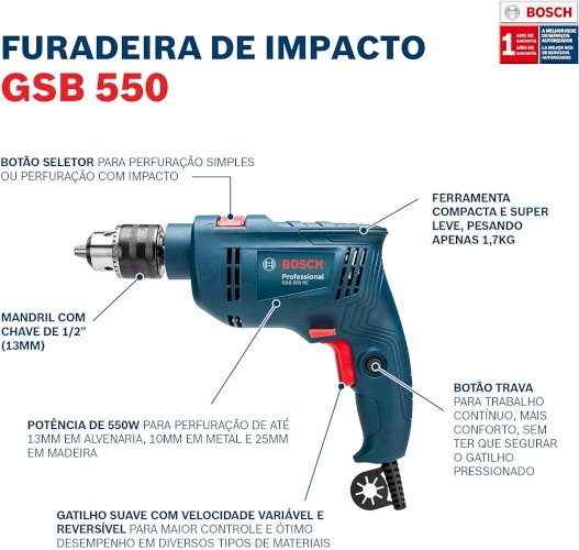 Furadeira de Impacto Bosch GSB 550 RE 550W + Maleta